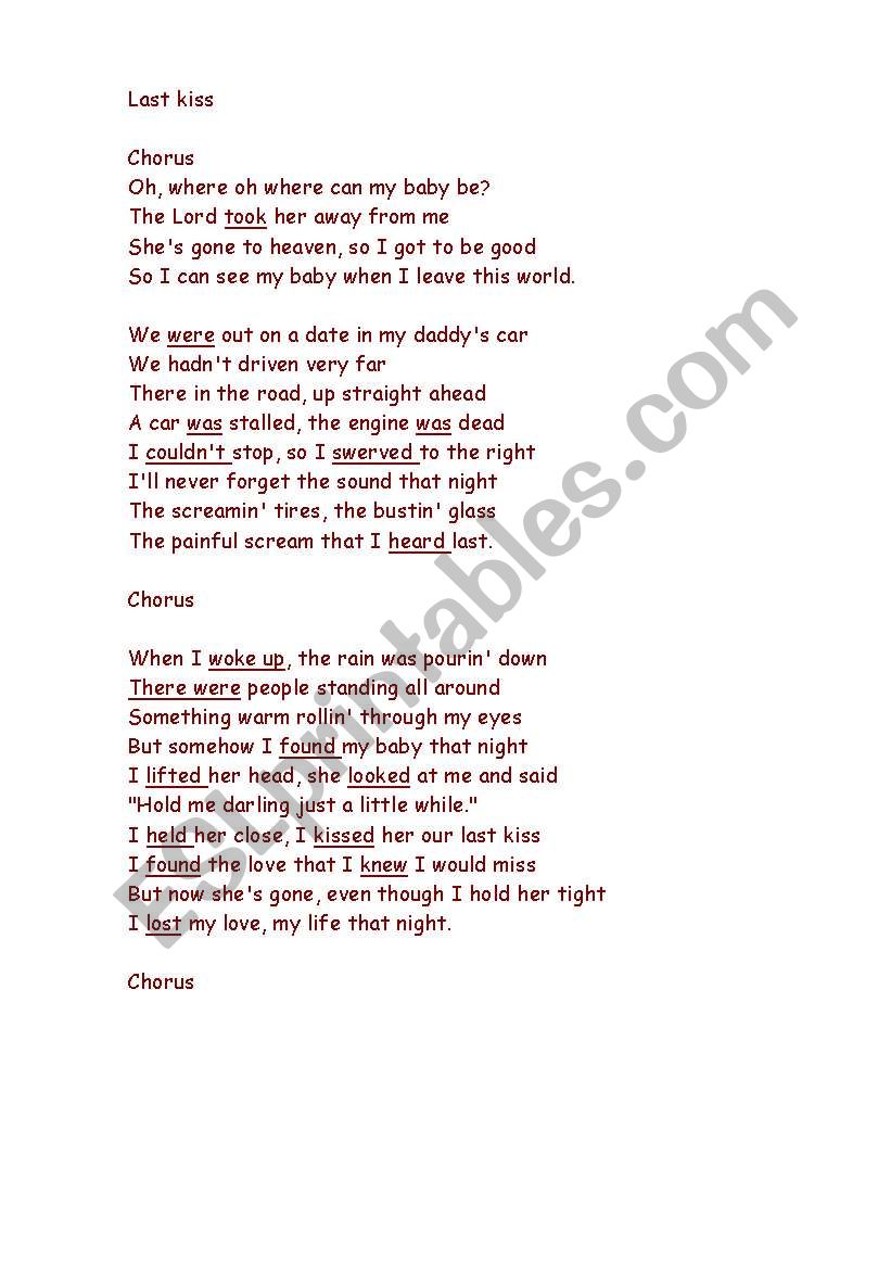 Last Kiss Lyrics - Pearl Jam general…: English ESL worksheets pdf