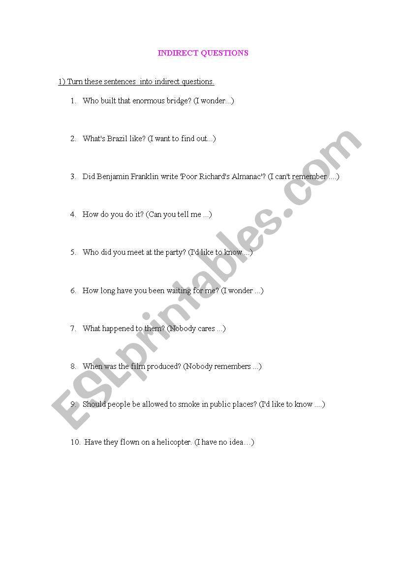 INDIRECT QUESTIONS PRACTICE worksheet