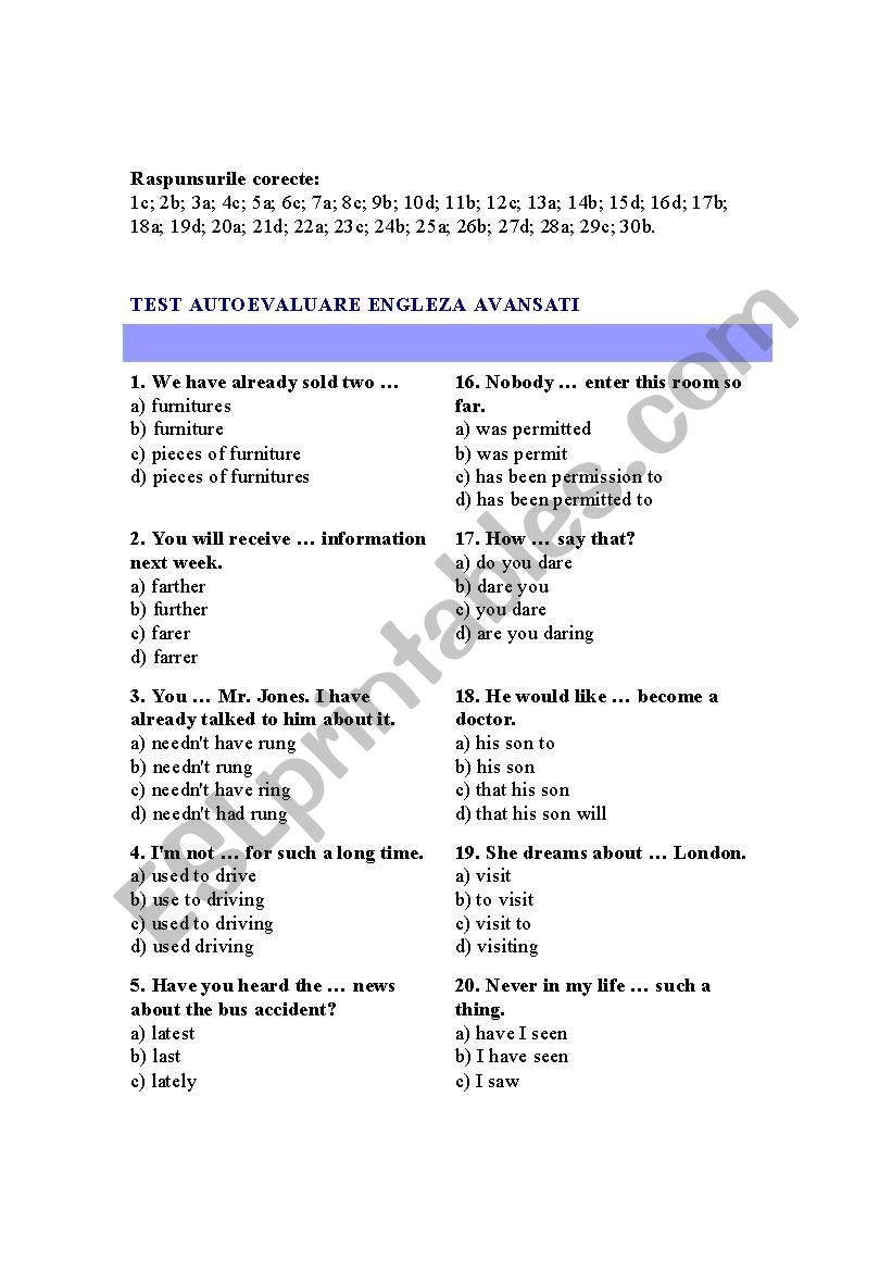 test for advanced worksheet