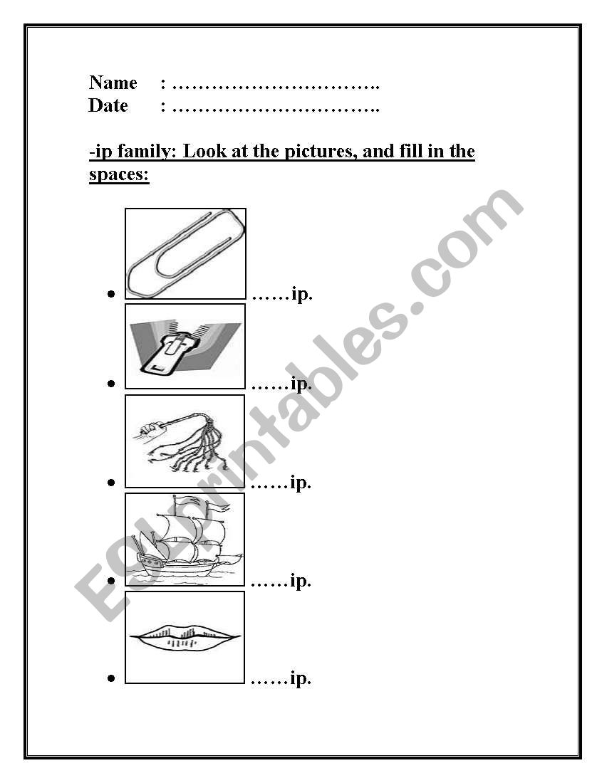 -ip word family worksheet