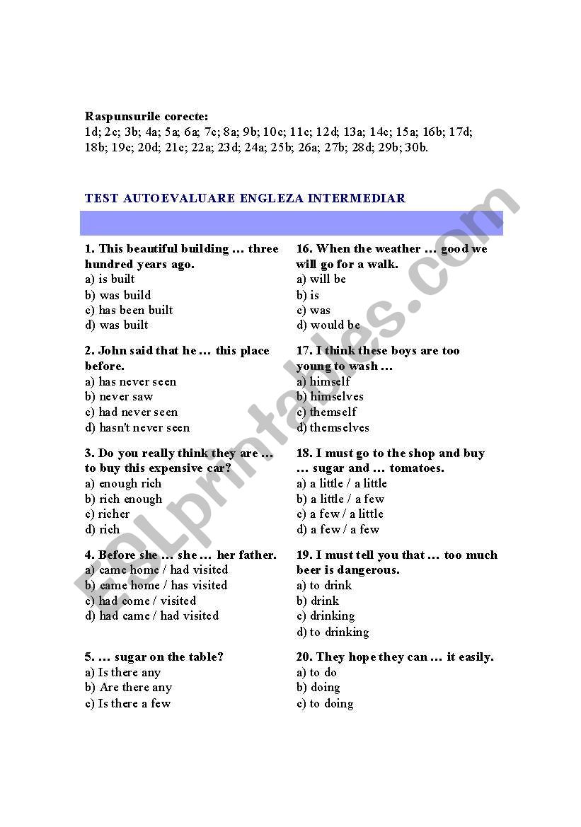 intermediate test worksheet