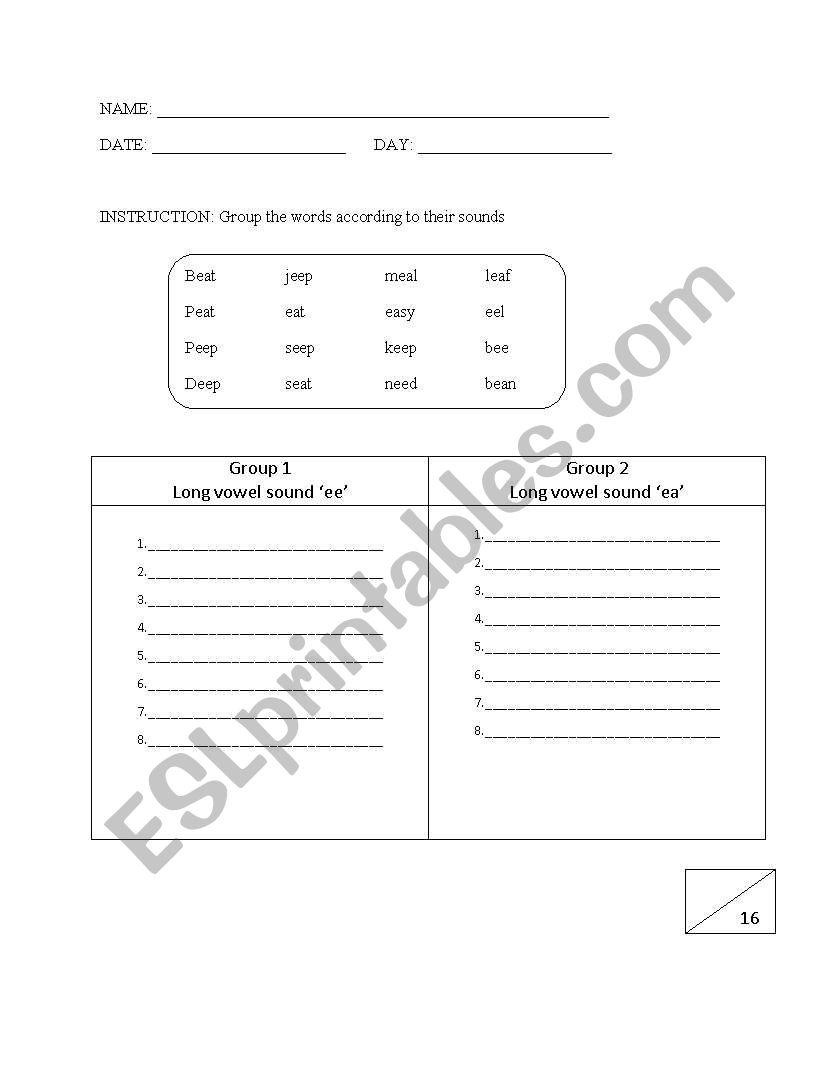 English worksheets: Phonetics ´ee´ and ´ea´