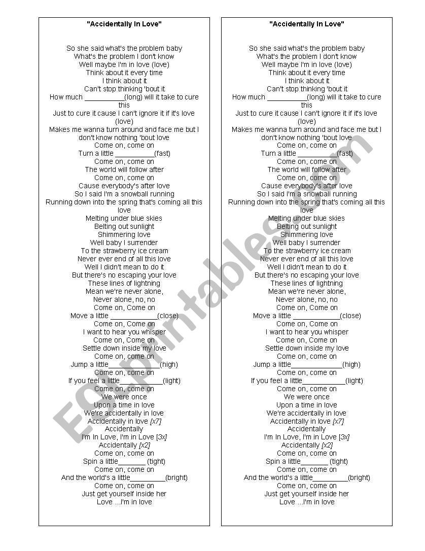 accidentaly in love worksheet