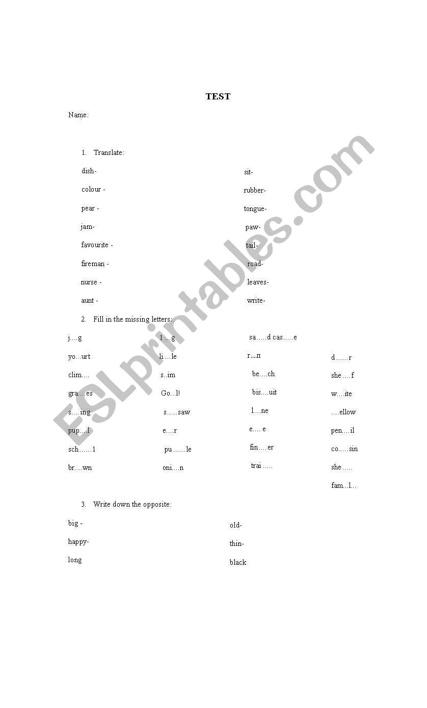 an English test for beginners worksheet