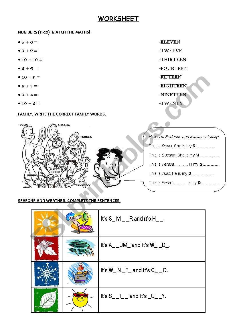 numbers,family, seasons worksheet