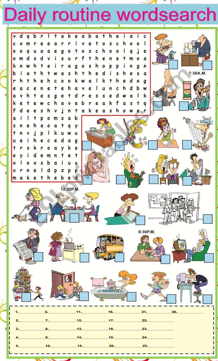 Daily Routine Wordsearch ESL Worksheet By Mafaldita2009