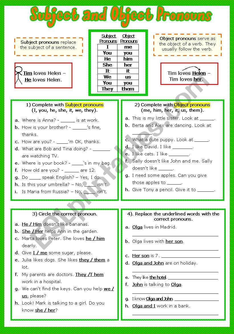 Grammar Worksheet Subject And Object Pronouns Answer Key