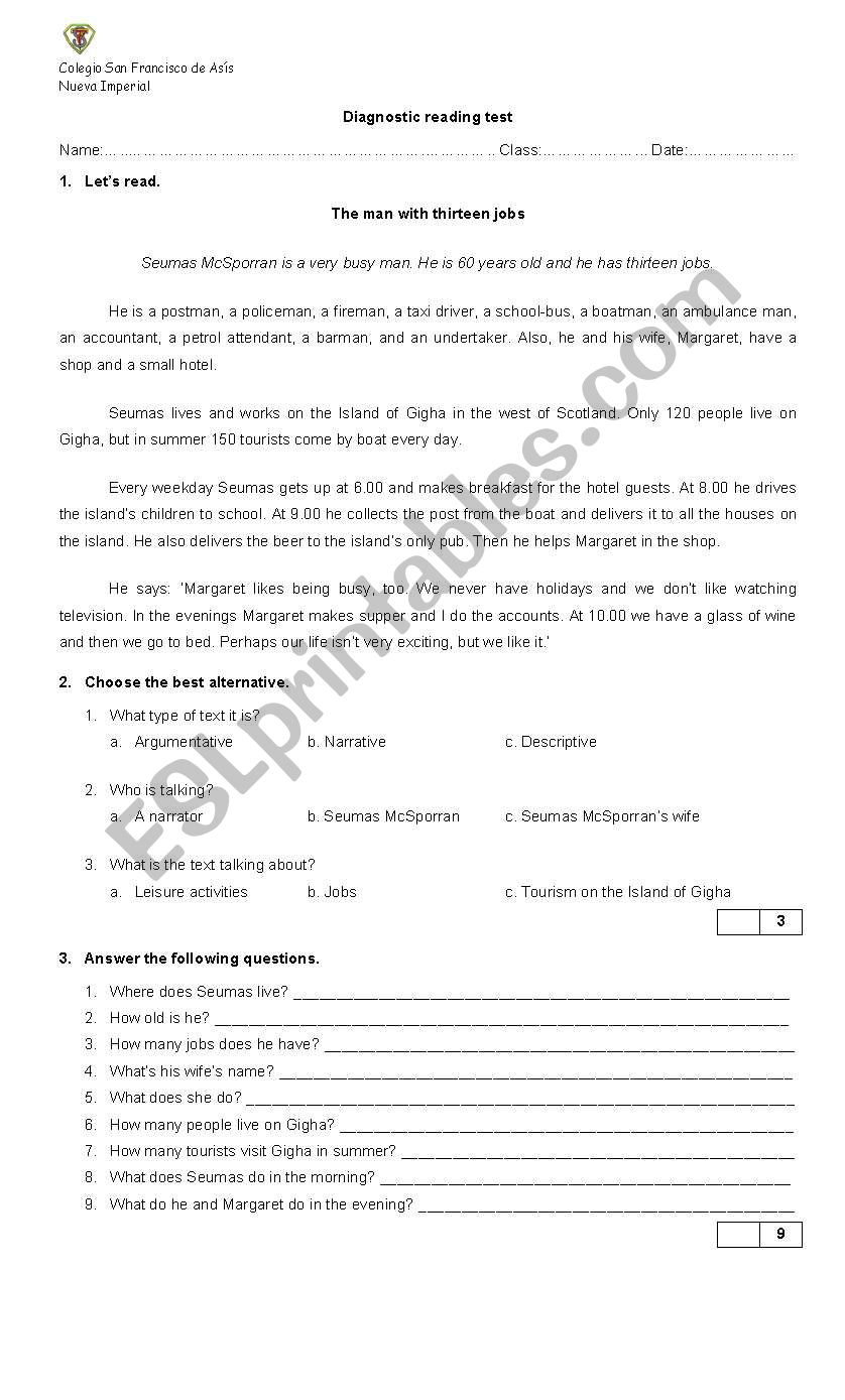 Reading Test: Jobs worksheet