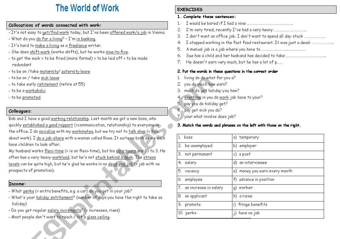 Work vocabulary worksheet