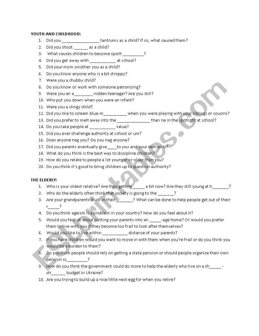 youth and old age worksheet