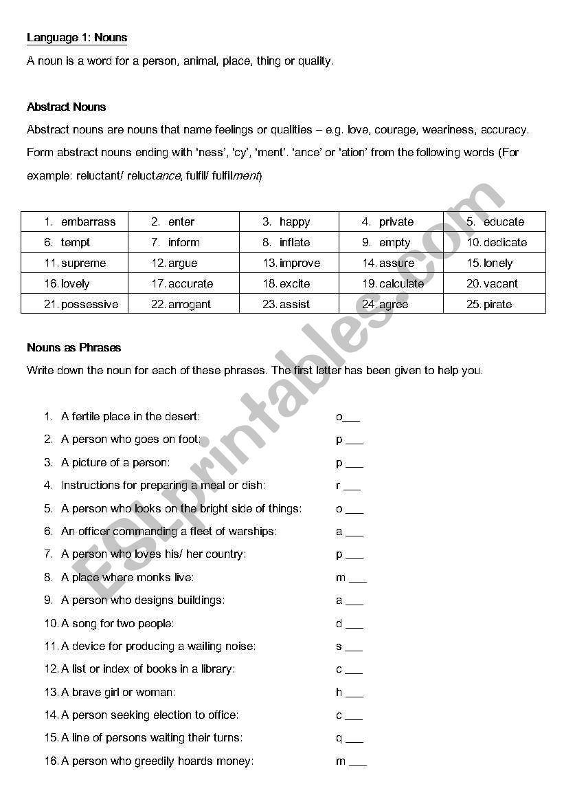 Nouns worksheet