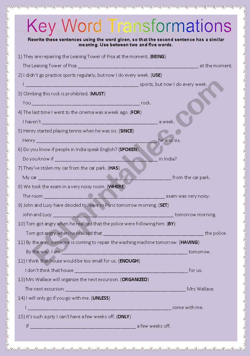 Key word transformations worksheet