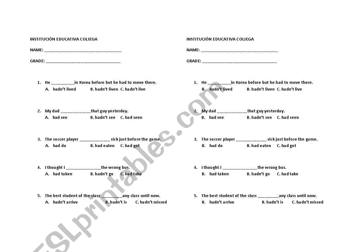 Past Perfect Test worksheet