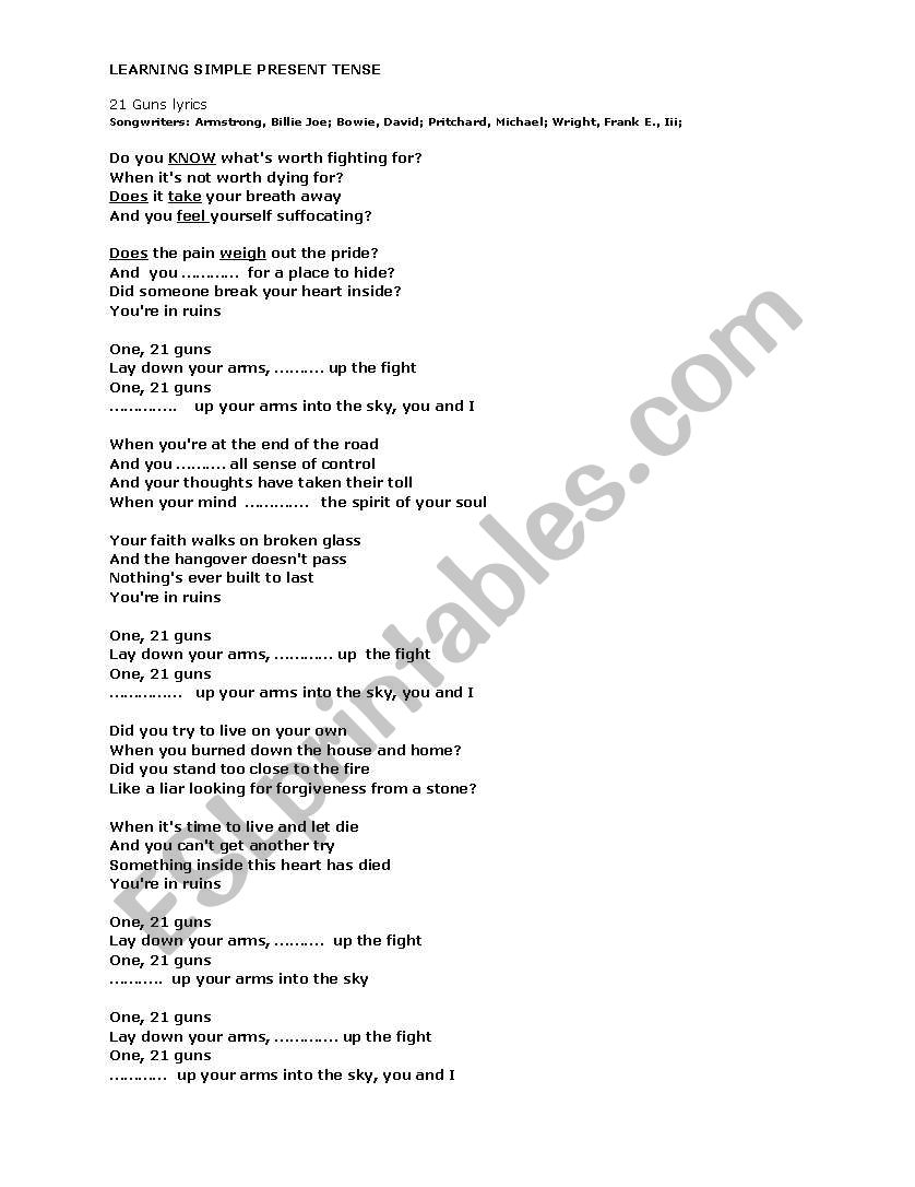 present tense -song worksheet