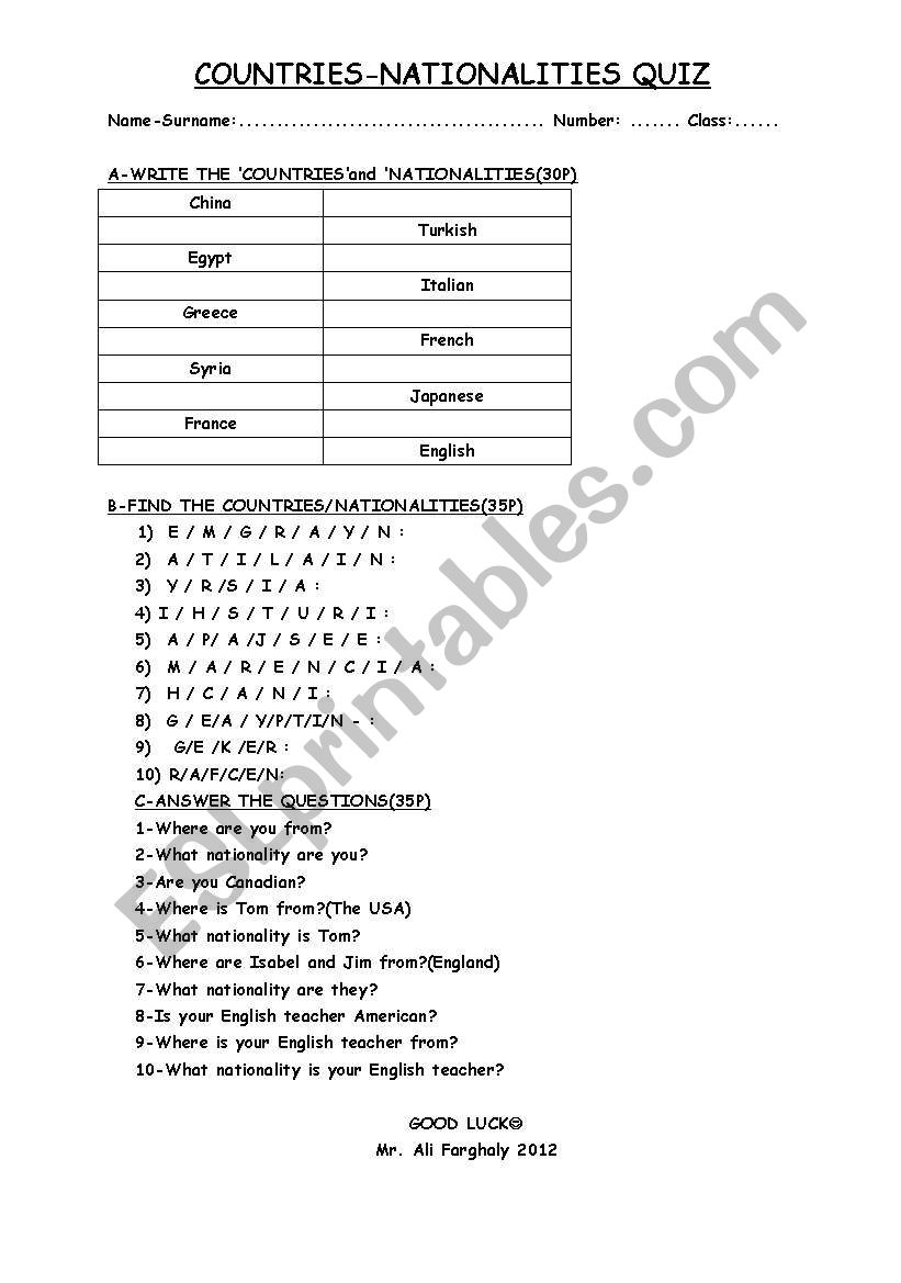 countries worksheet