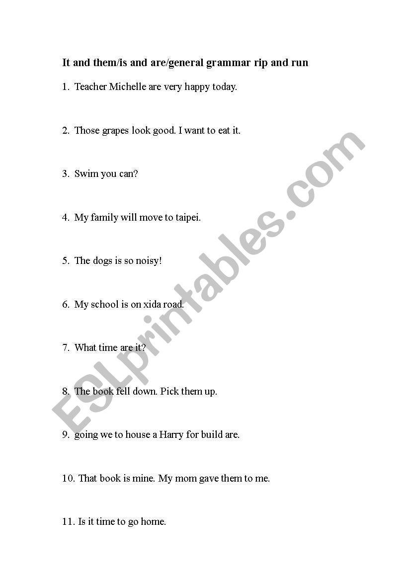 Grammar review rip and run worksheet