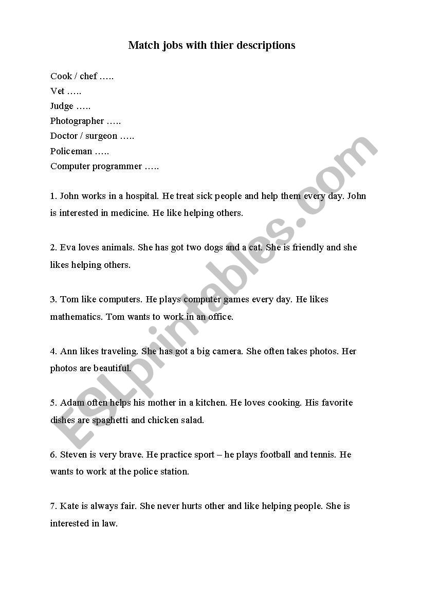 descriptions of jobs worksheet