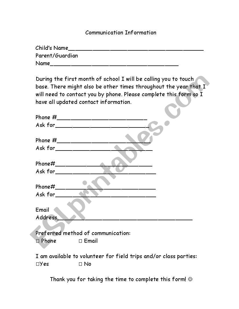 Contact Information Sheet worksheet