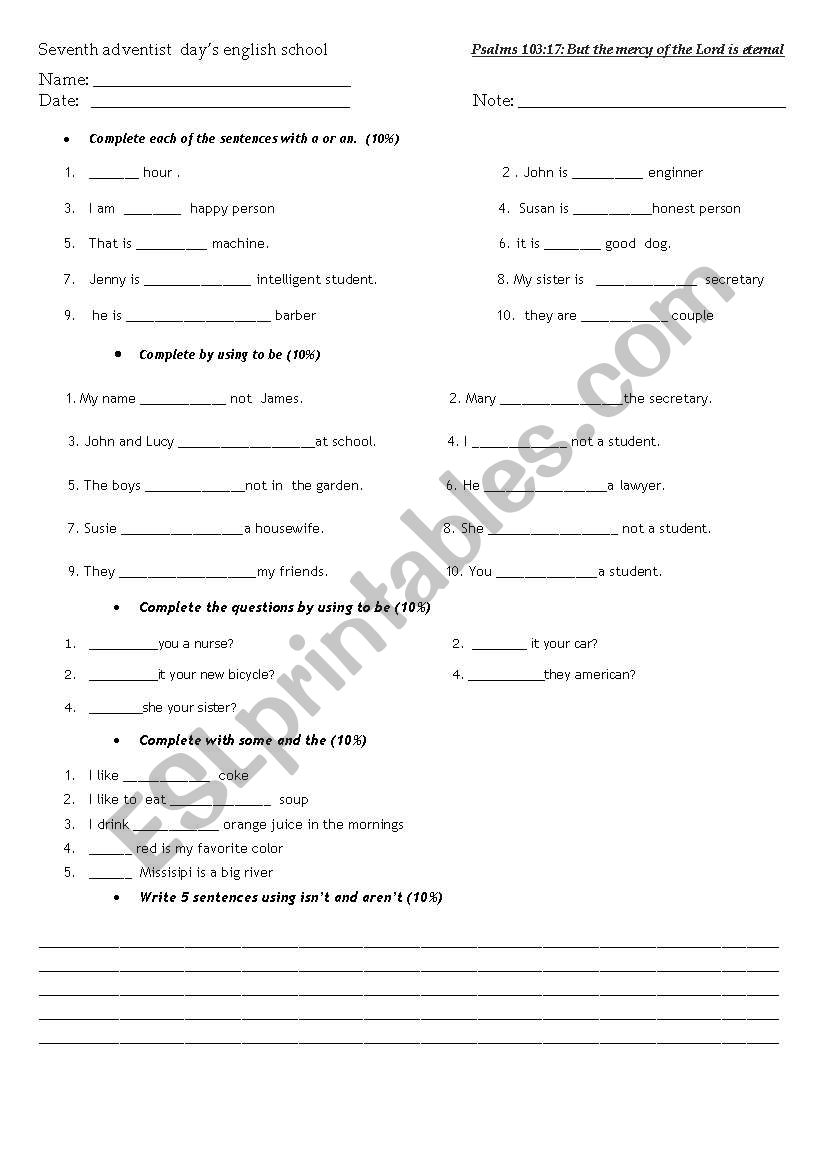 an, a, aren´t, isn´t exam - ESL worksheet by niñata13