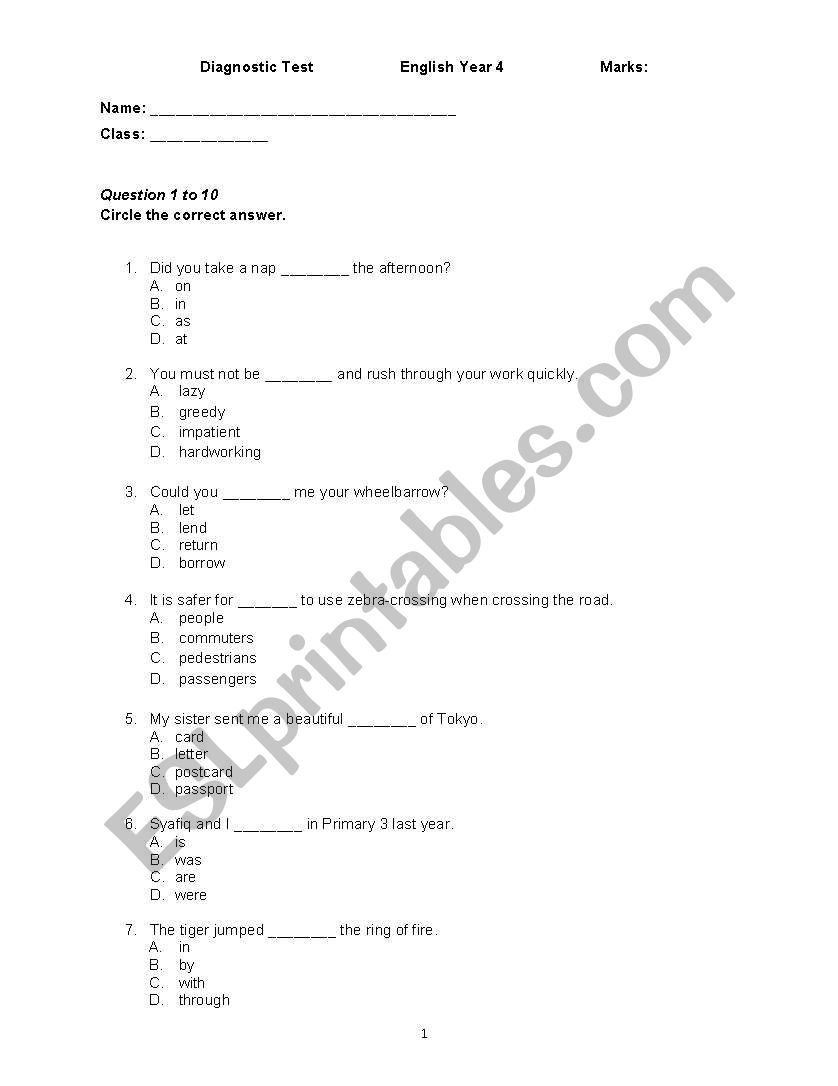 ESL Diagnostic Test worksheet