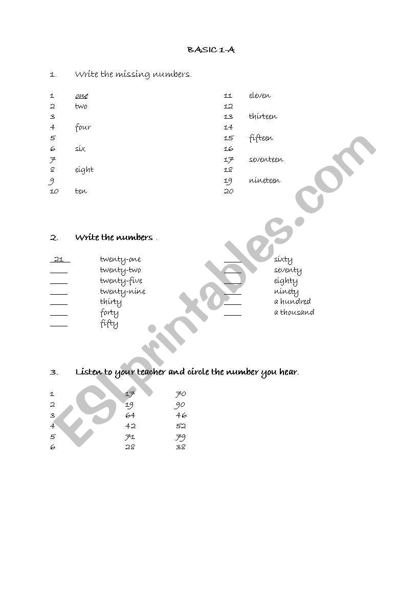 numbers worksheet