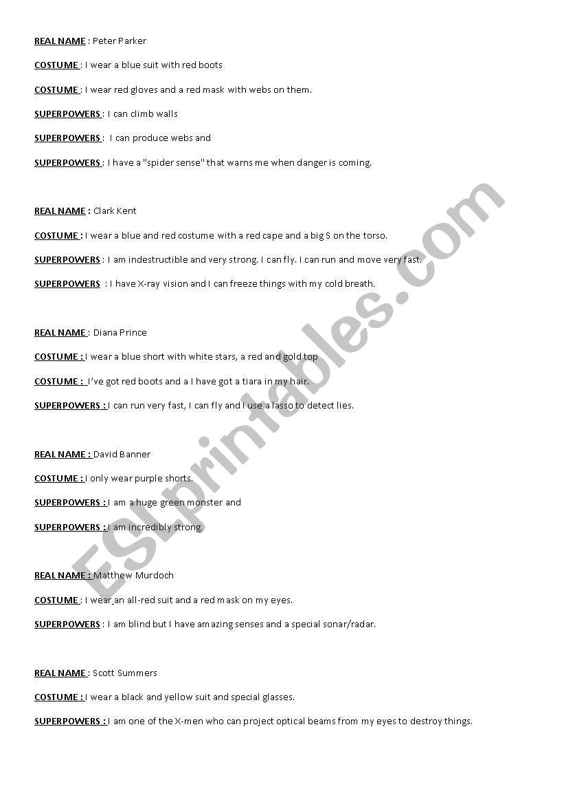 pair work superhero identity worksheet