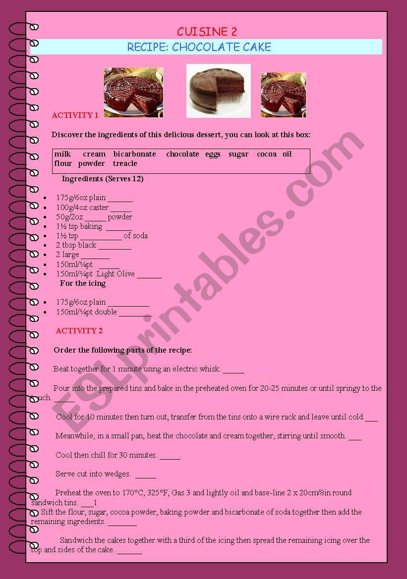 cuisine 2 (chocolate cake) worksheet