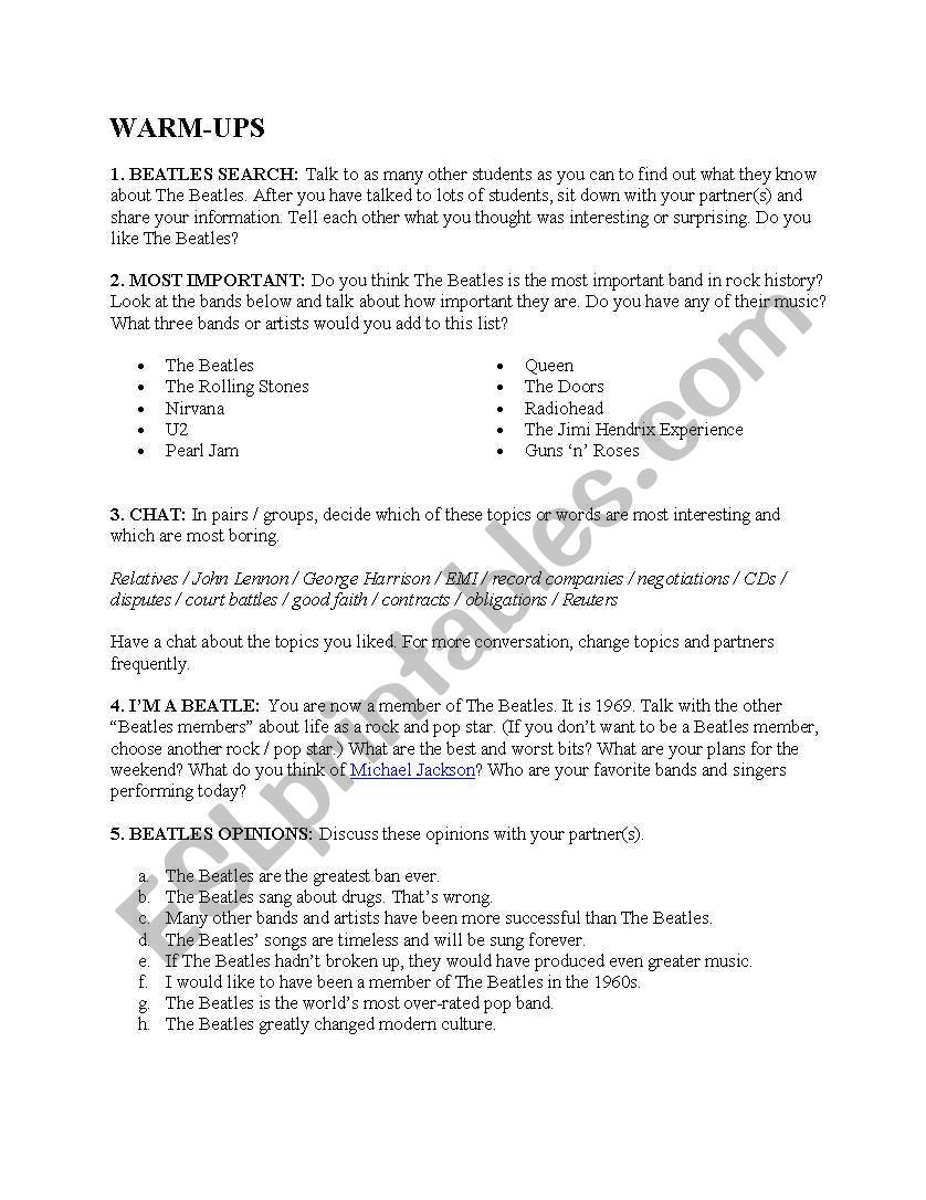 Beatles activities worksheet