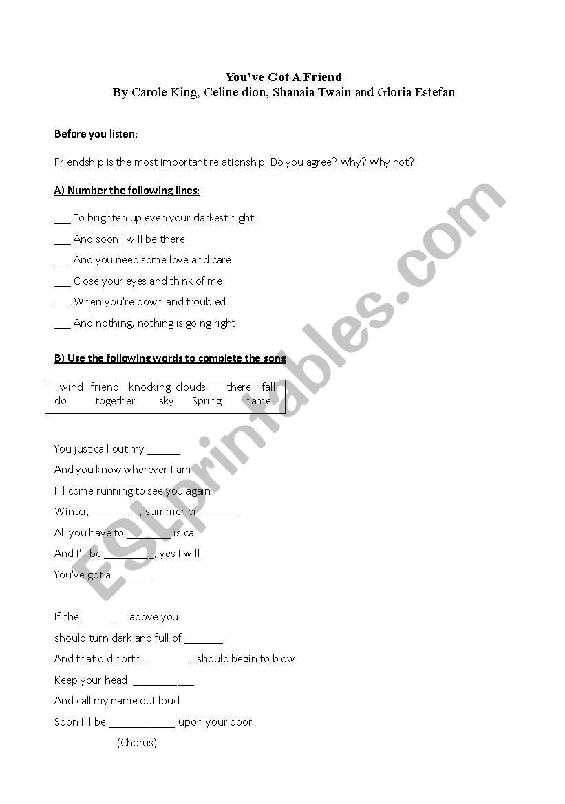 you ve got a friend worksheet