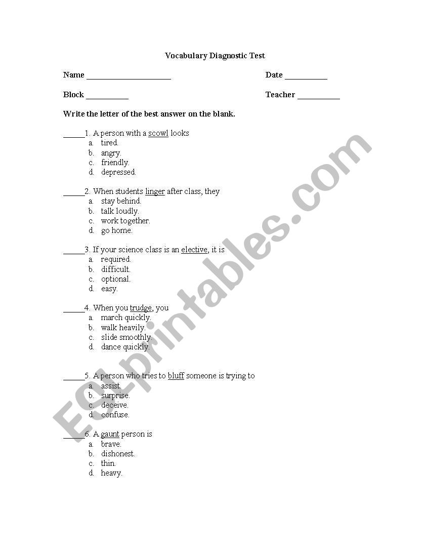 Vocabulary Diagnostic Test worksheet