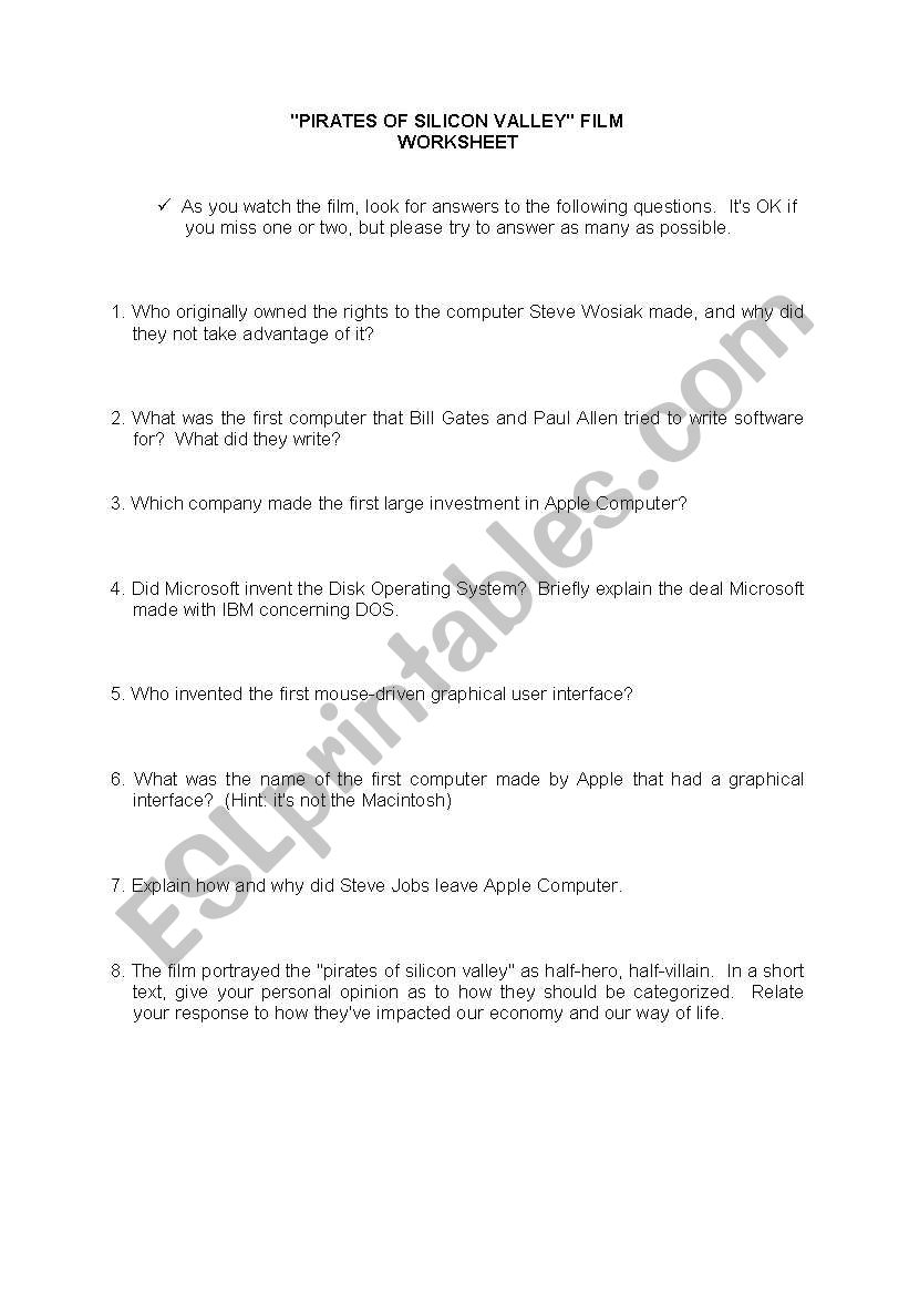 Pirates of sillicon valley worksheet