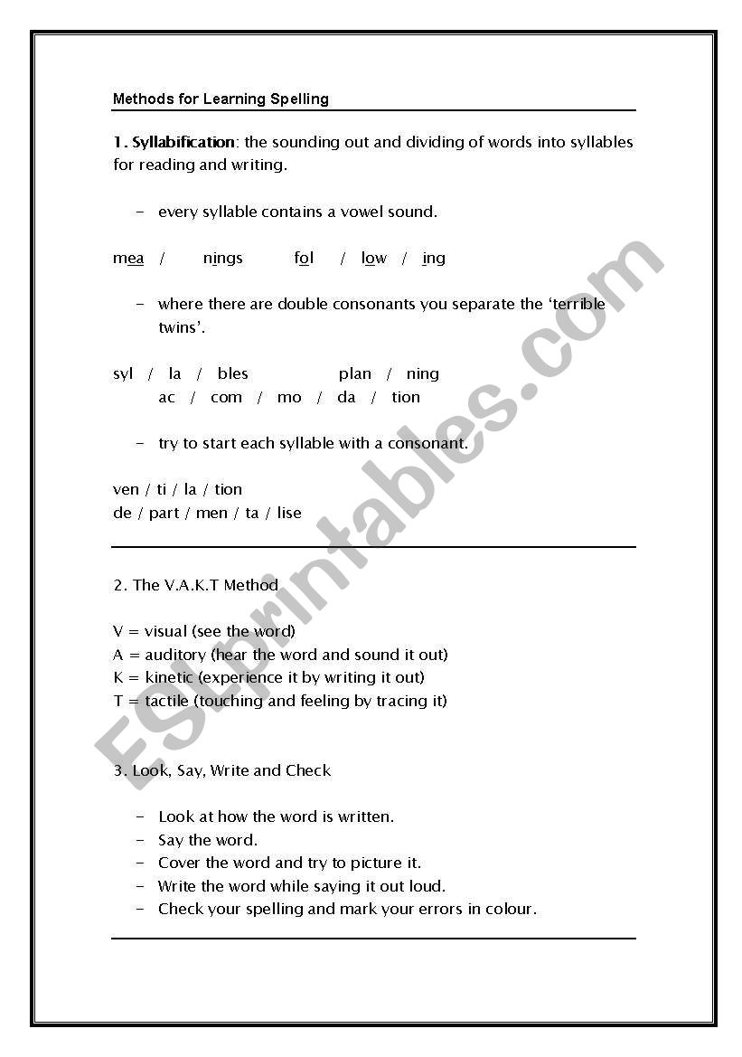 Methods for Learning Spelling worksheet