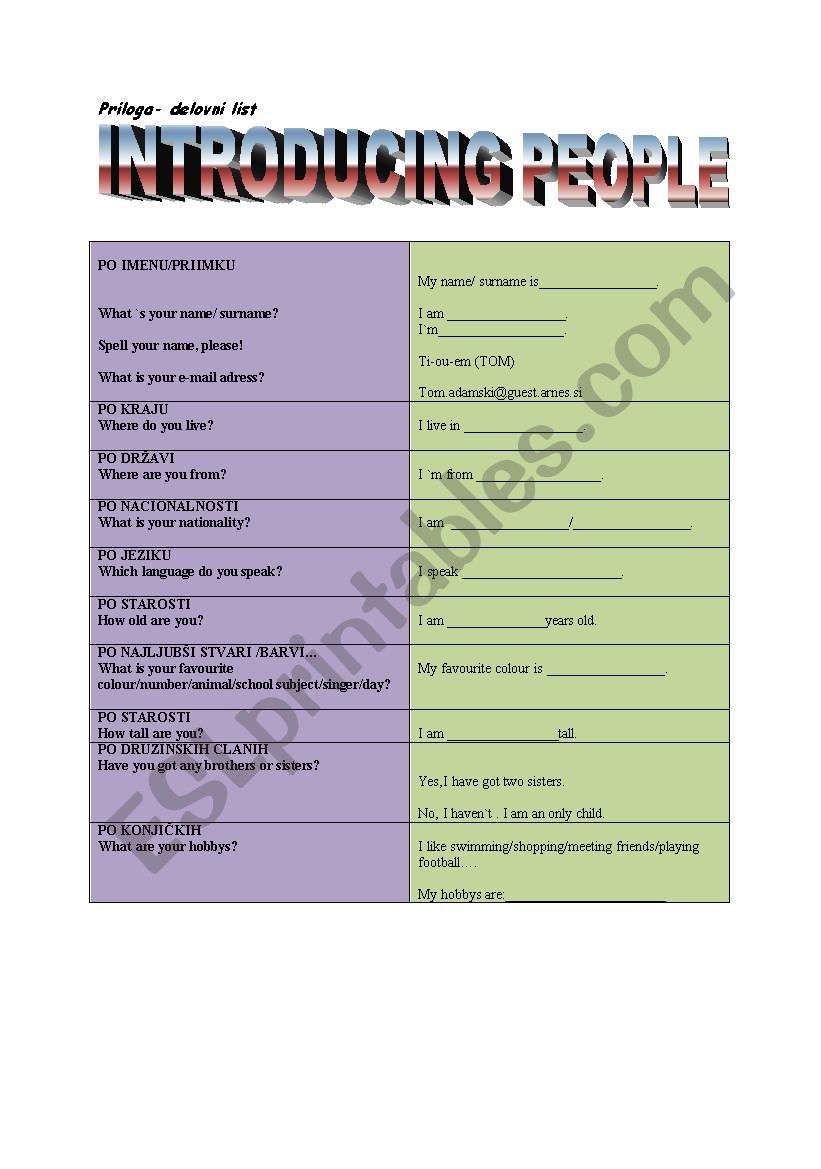 INTRODUCING PEOPLE worksheet