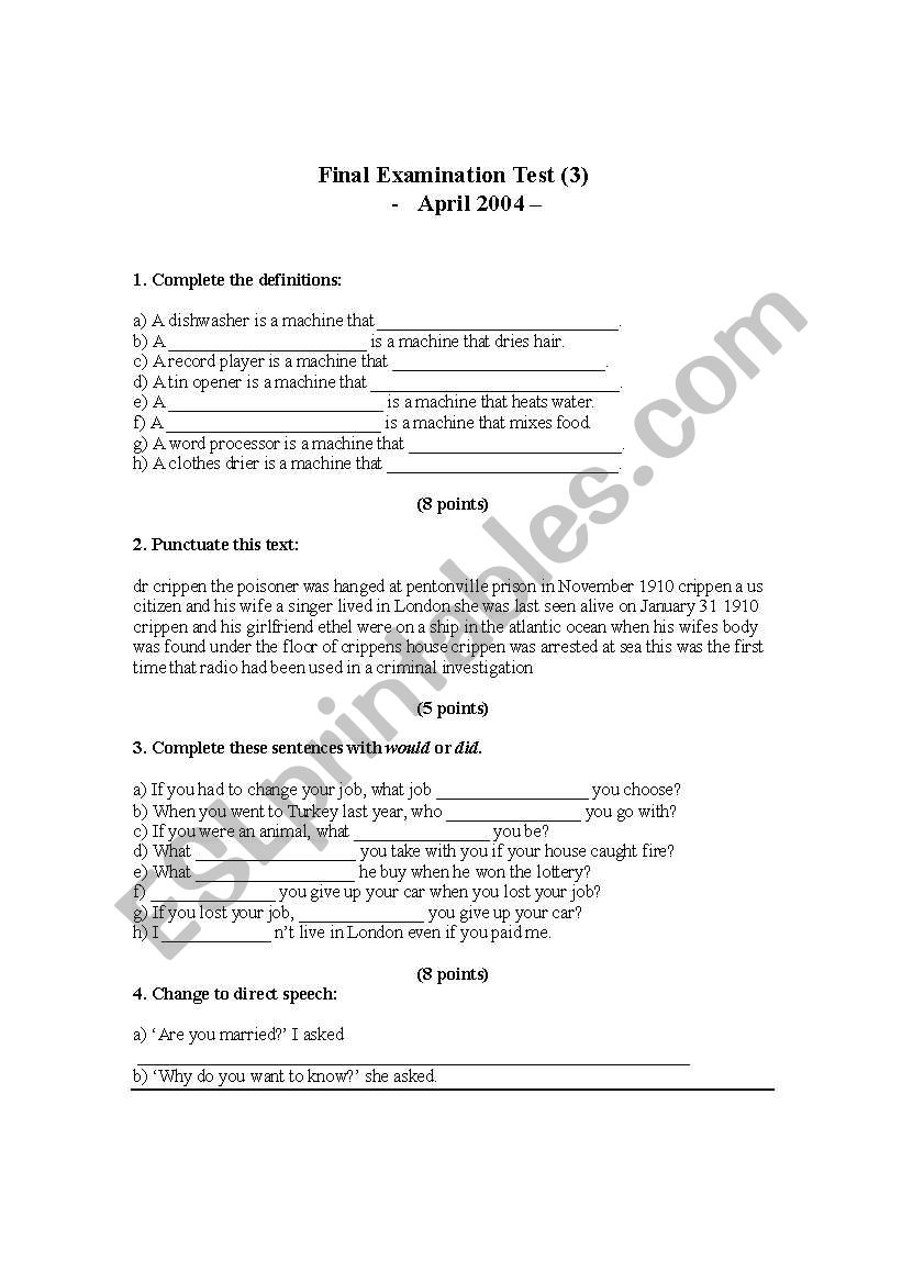 final examination worksheet