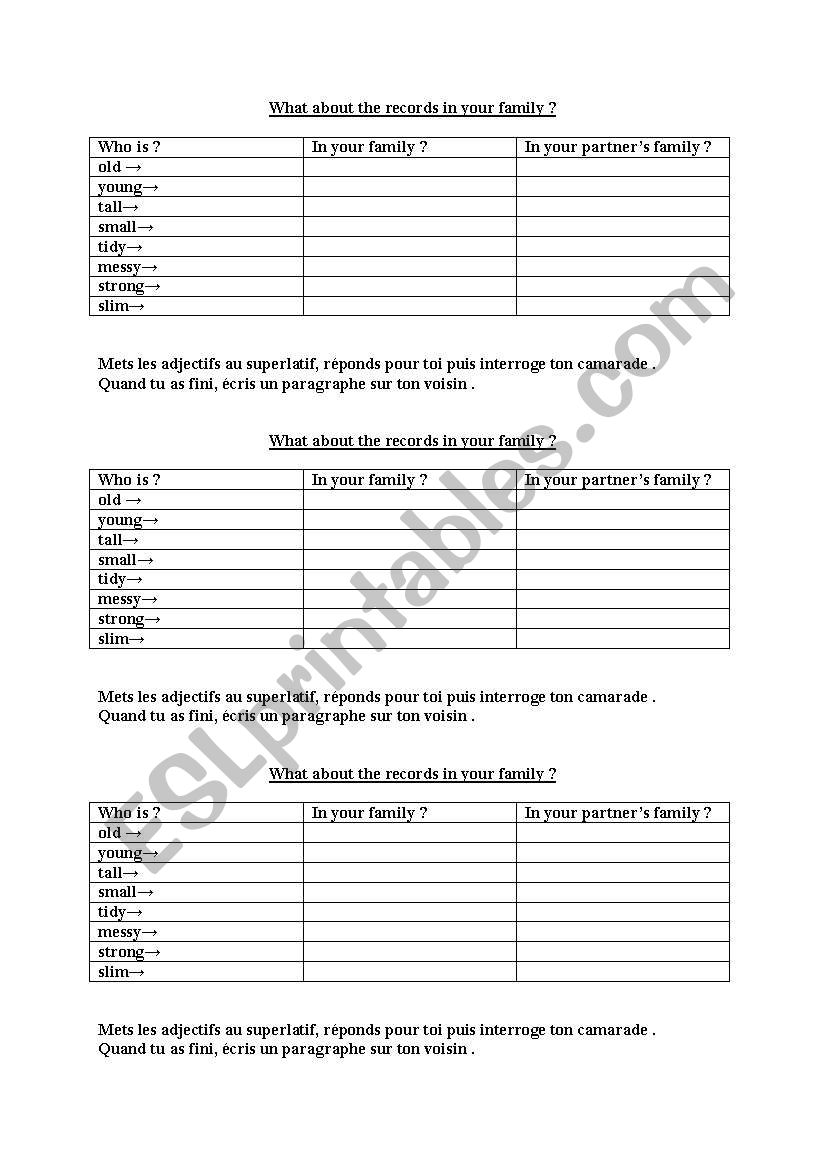 records in your family  worksheet