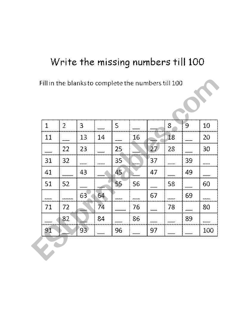 Fill in the missing numbers  worksheet