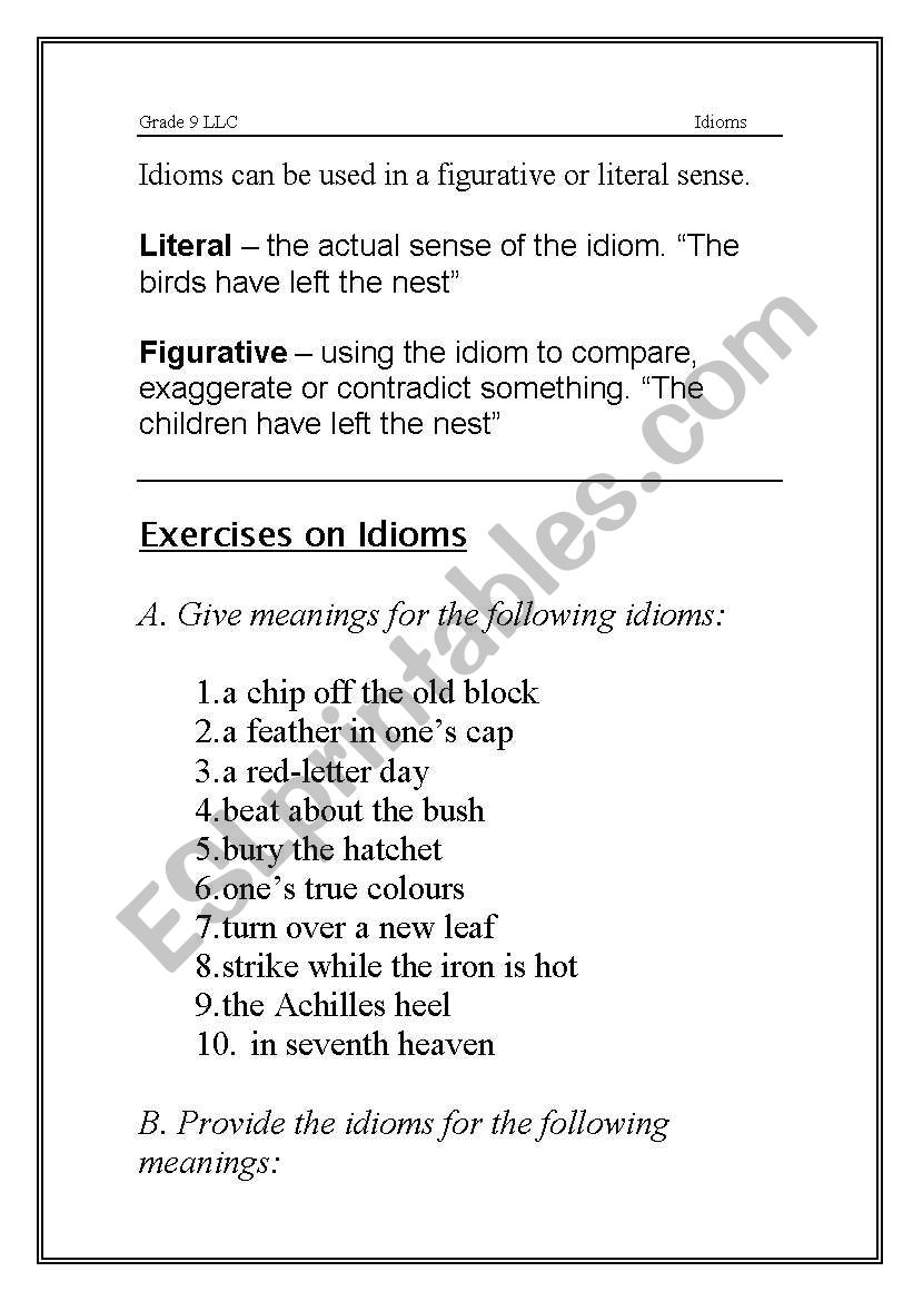 Idioms - Exercises worksheet