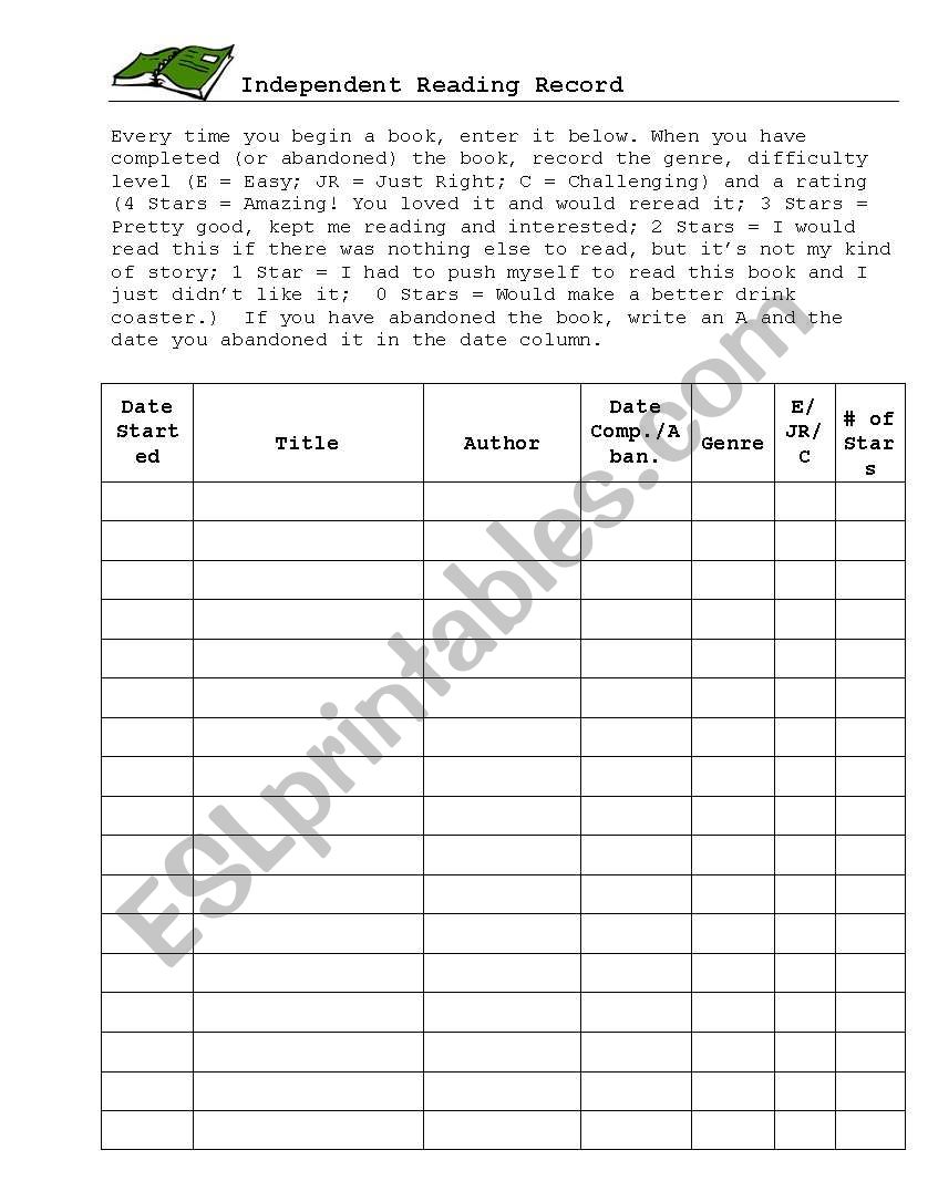 Independent Reading Record worksheet