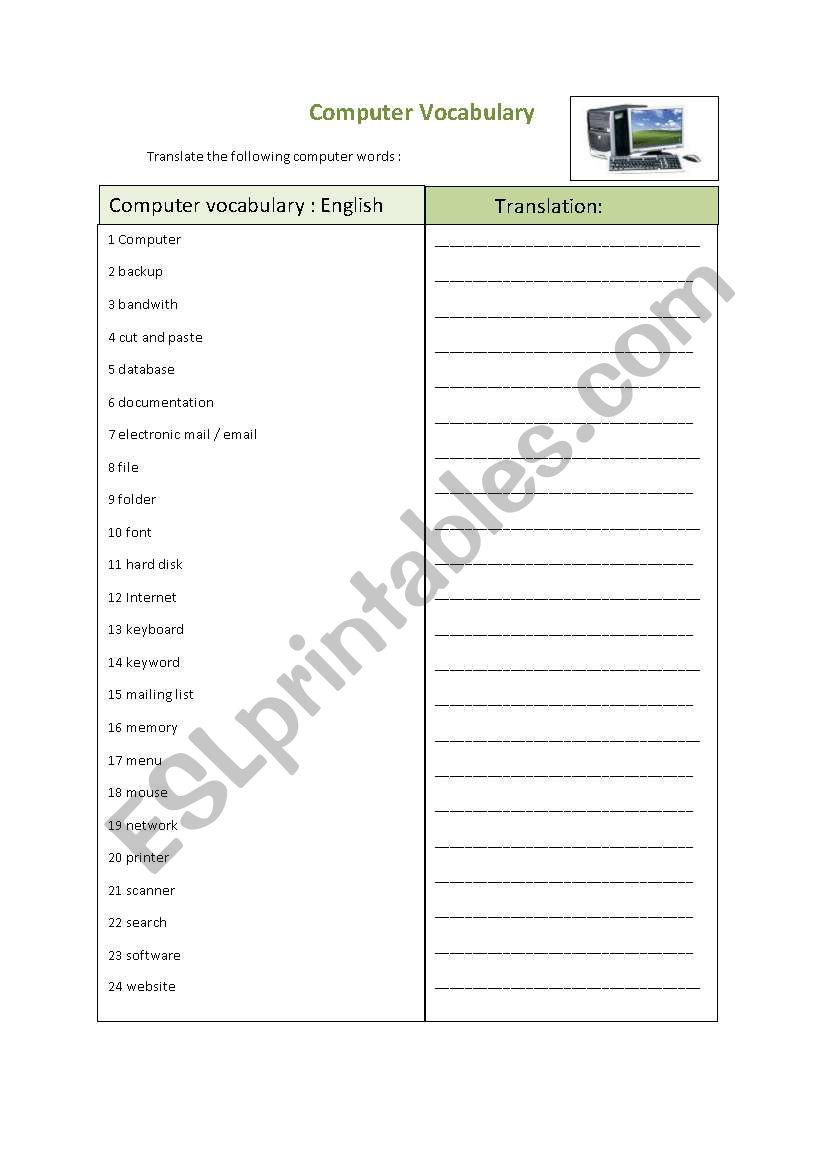 computer vocabulary esl worksheet by anyataide