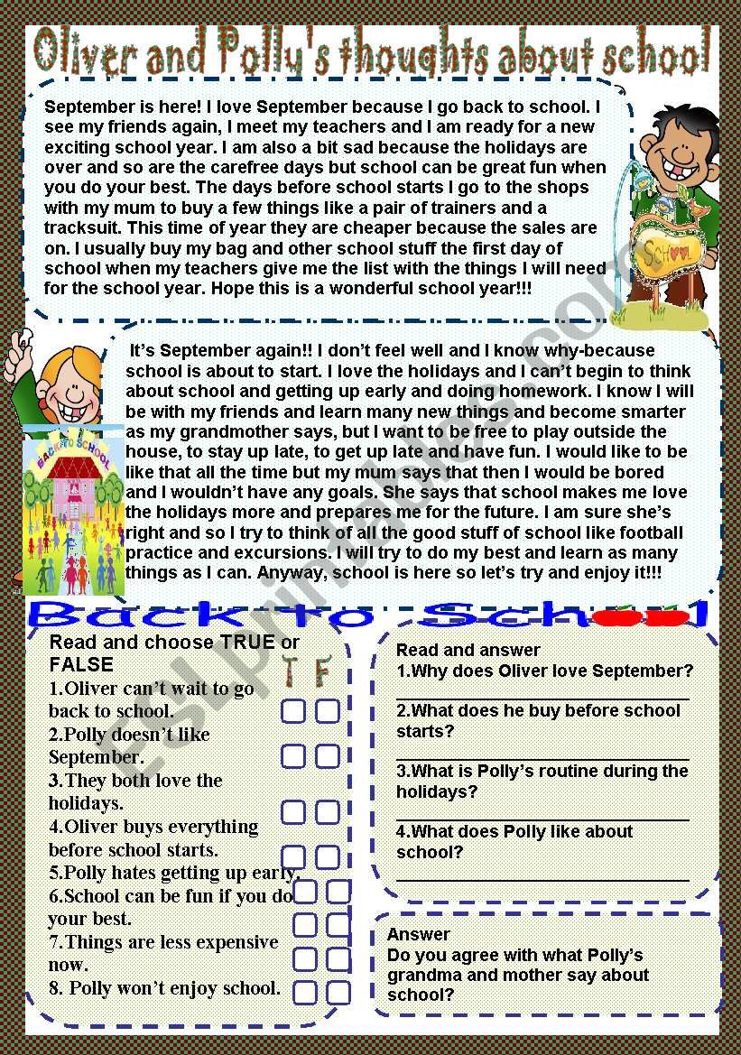 Oliver and Polly´s thoughts about school - ESL worksheet by LILIAAMALIA