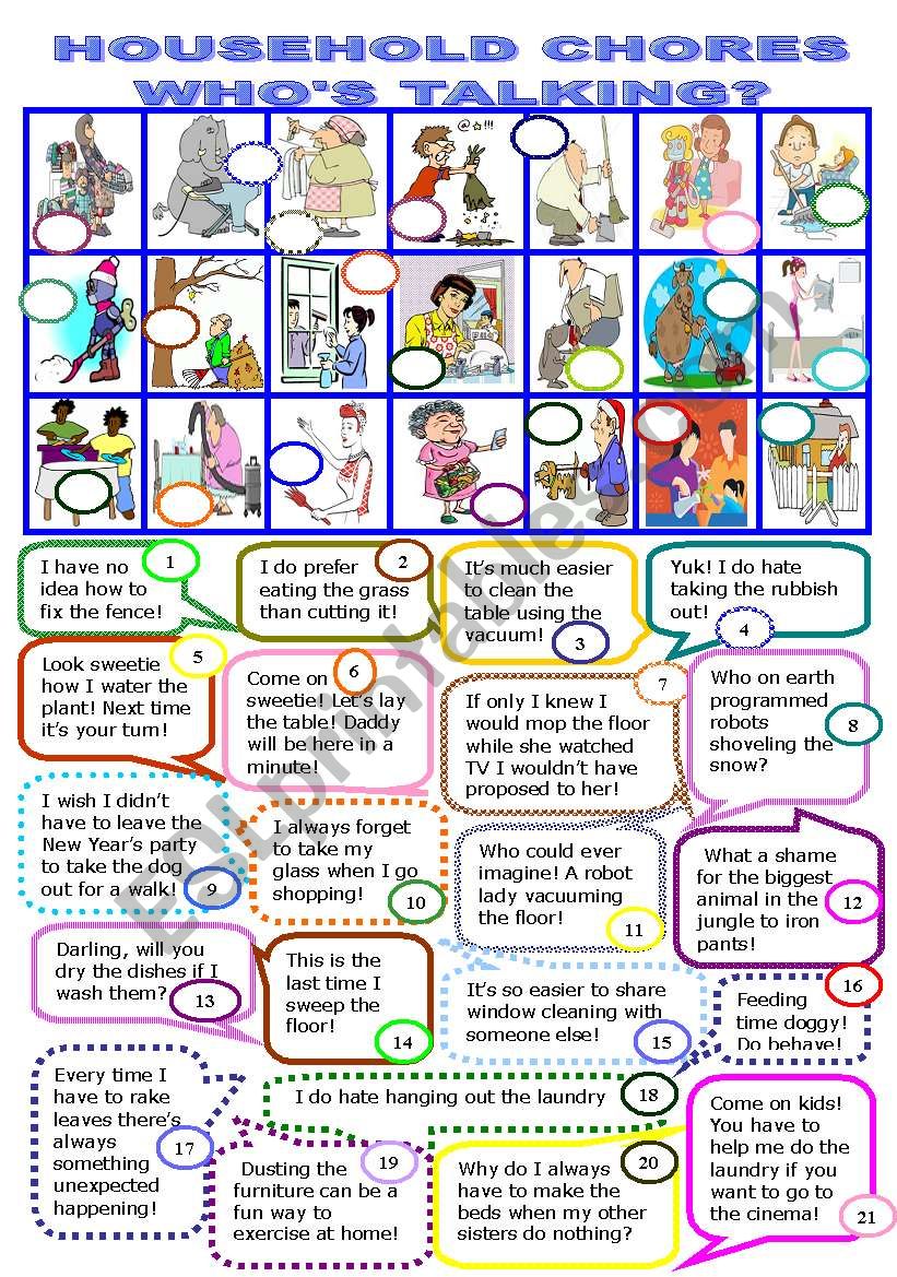 HOUSEHOLD CHORES.WHO´S TALKING/12 - ESL worksheet by Thessaloniki