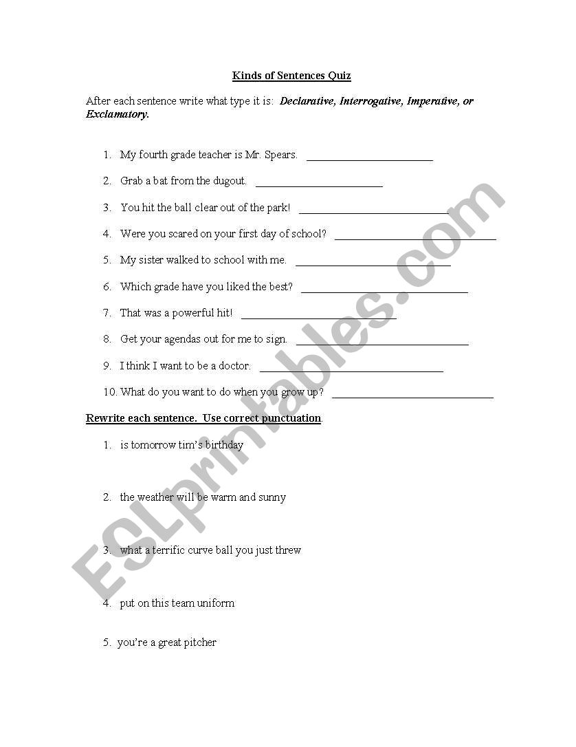 English Worksheets Kinds Of Sentences