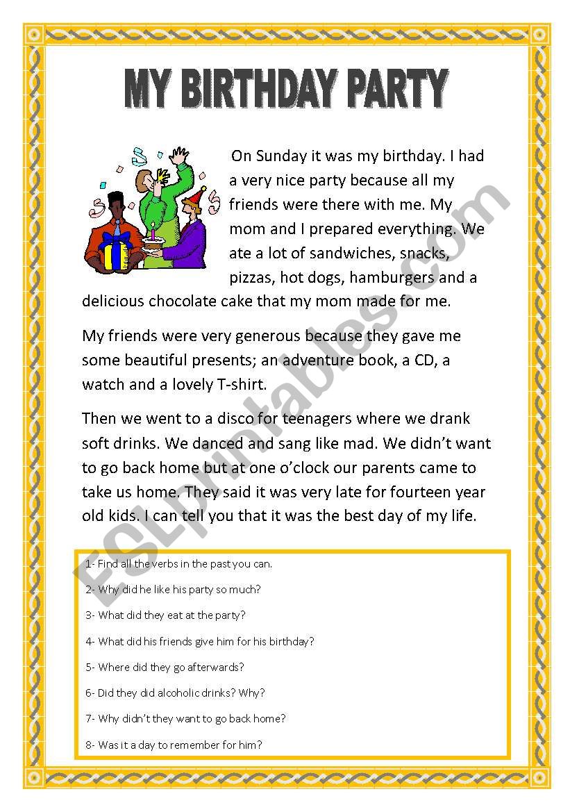 MY BIRTHDAY PARTY. PRACTISE THE SIMPLE PAST. YOLANDA - ESL worksheet by ...