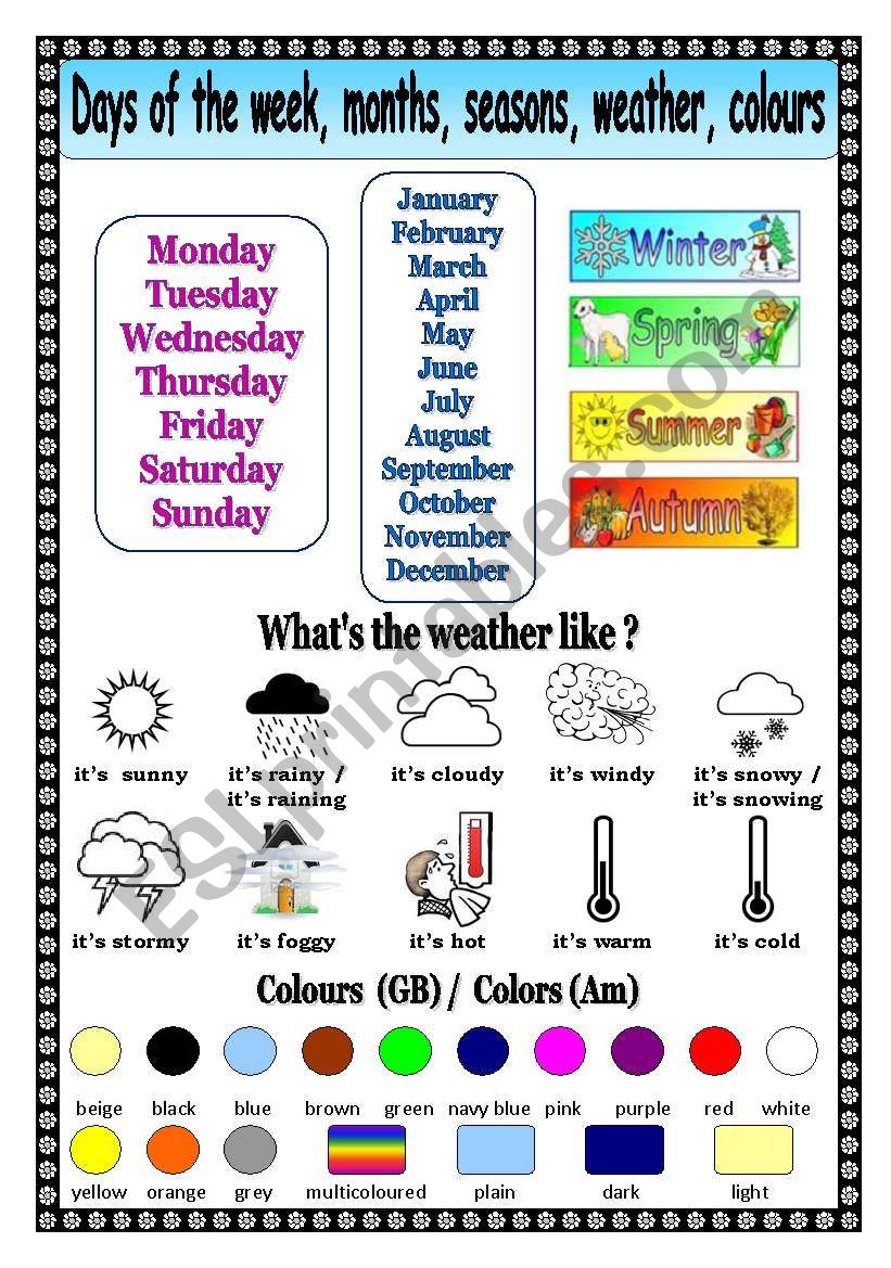 Days Of The Week Months Seasons Weather Colors ESL Worksheet By