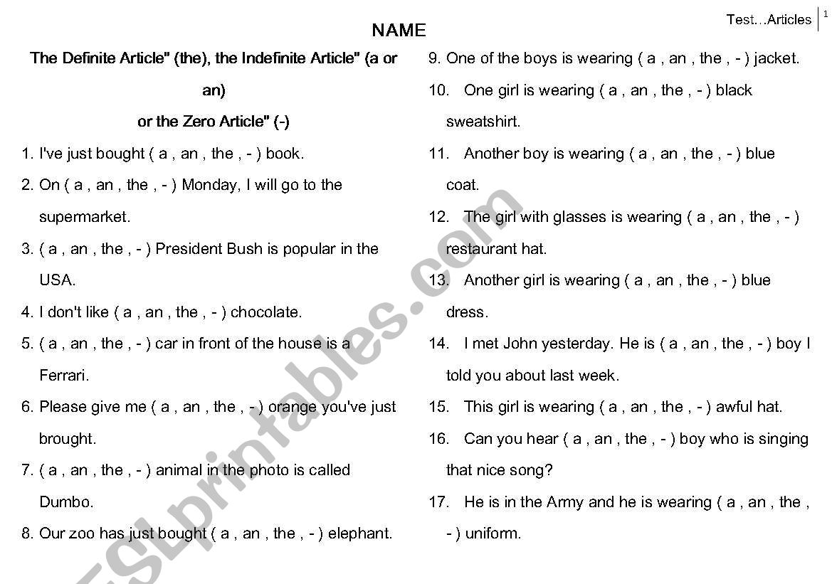 articles worksheet