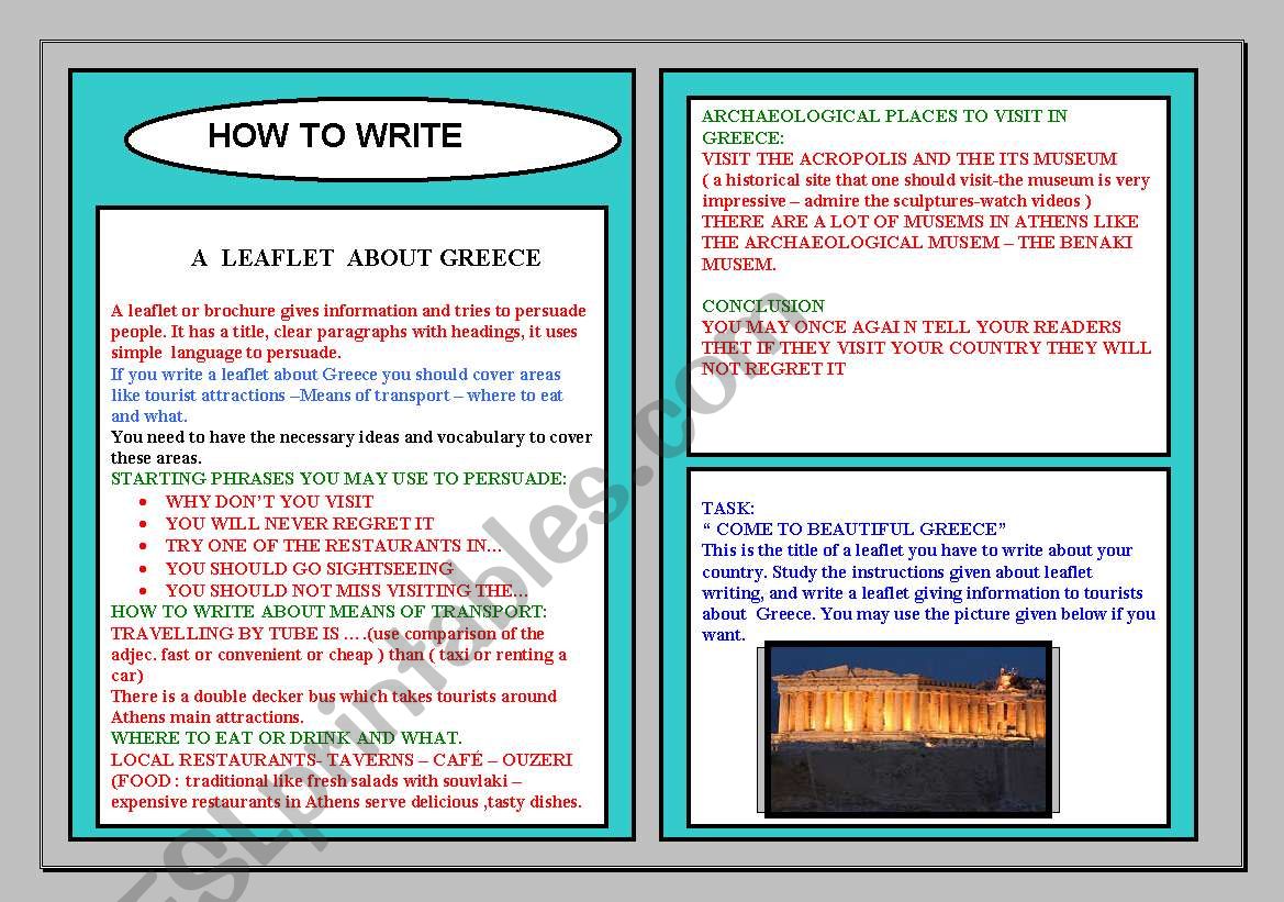 HOW TO WRITE A LEAFLET ESL Worksheet By Elpida Pap