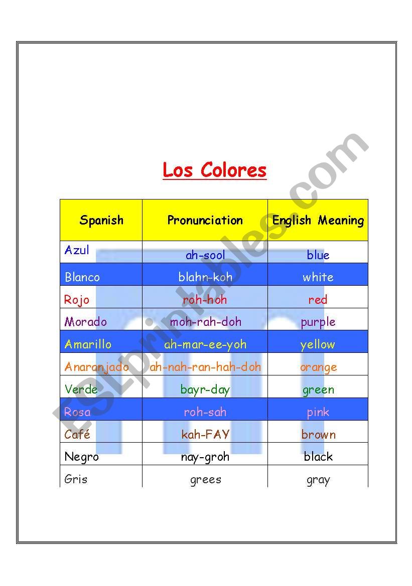 Los Colores  The Colors worksheet