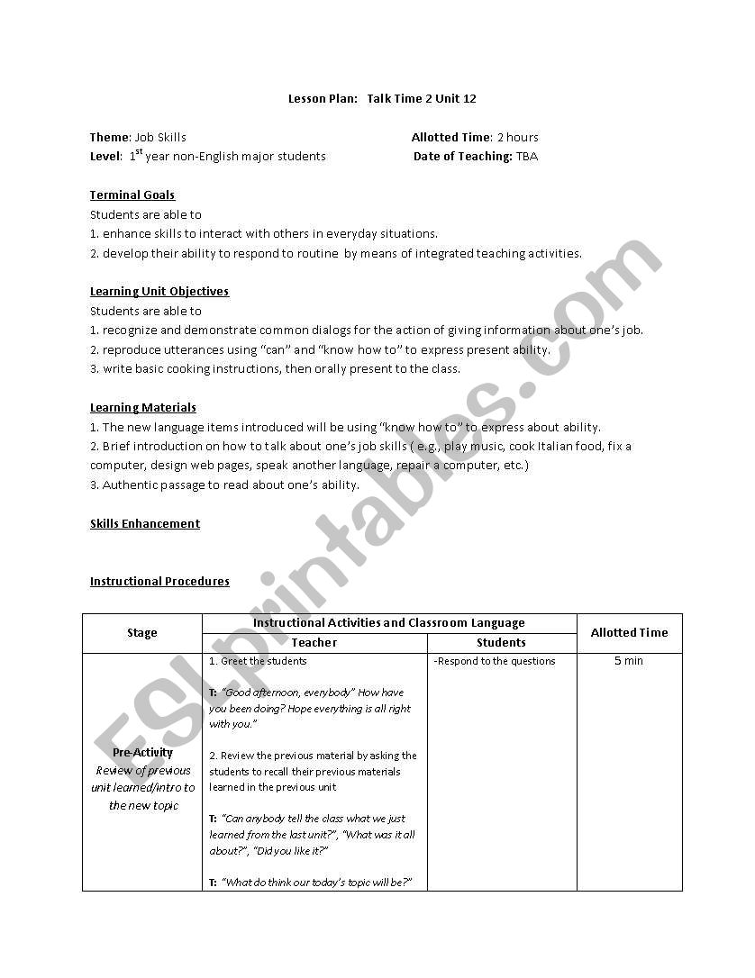 Talk time worksheet