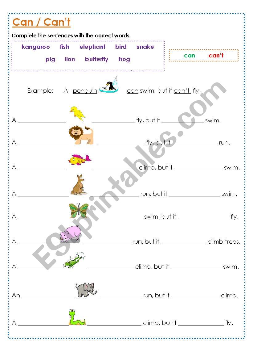 Animal abilities - can and can´t - ESL worksheet by muppet007
