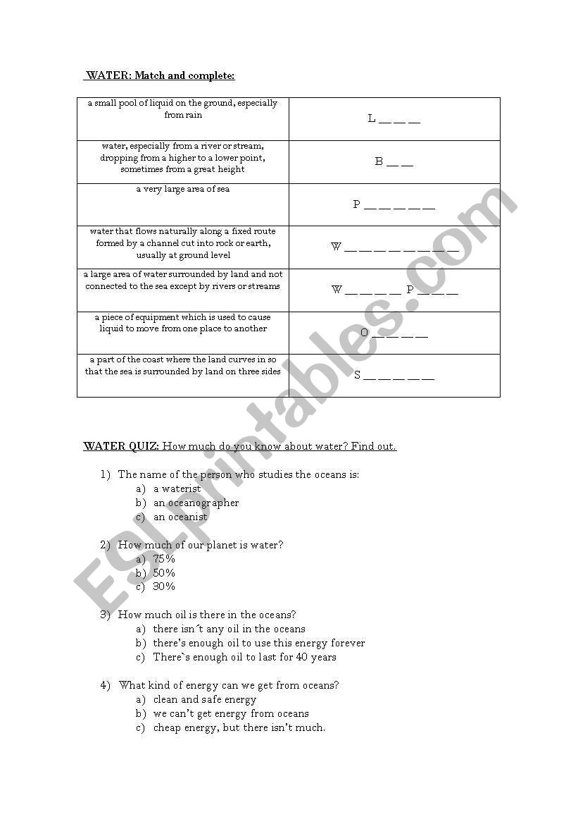 water related words  worksheet